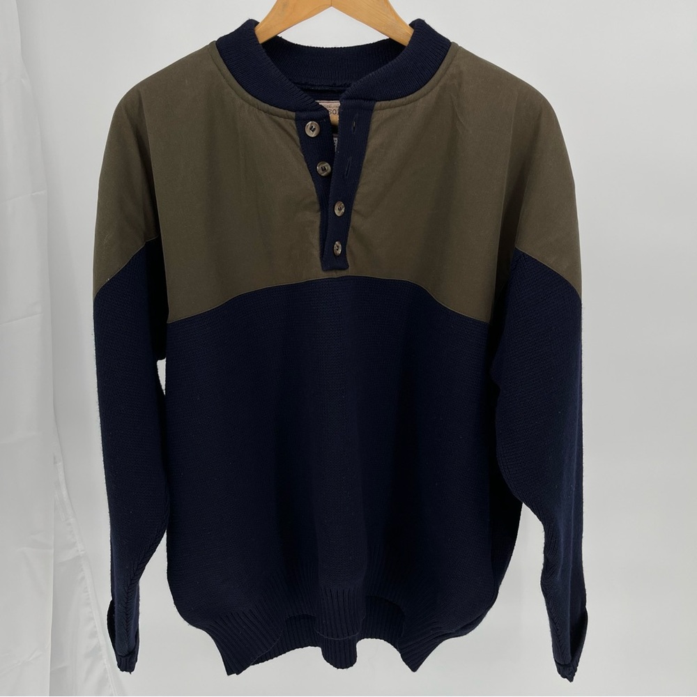 Filson Vintage Henley Guide Sweater Size XXL Green Wool Wax Shoulders Shooting